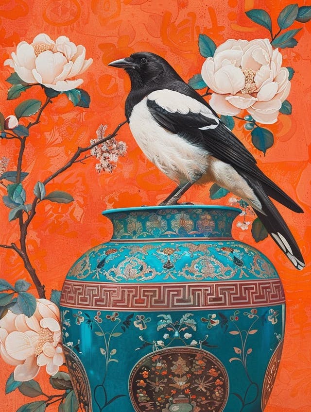 A painting of a magpie sitting on a Chinese ceramic with traditional Chinese patterns, in the style of chinese painting, criterion collection, black paintings, pointillist dot paintings, exquisite craftsmanship, northern and southern dynasties, children's book illustrations --ar 3:4 --v 6.0