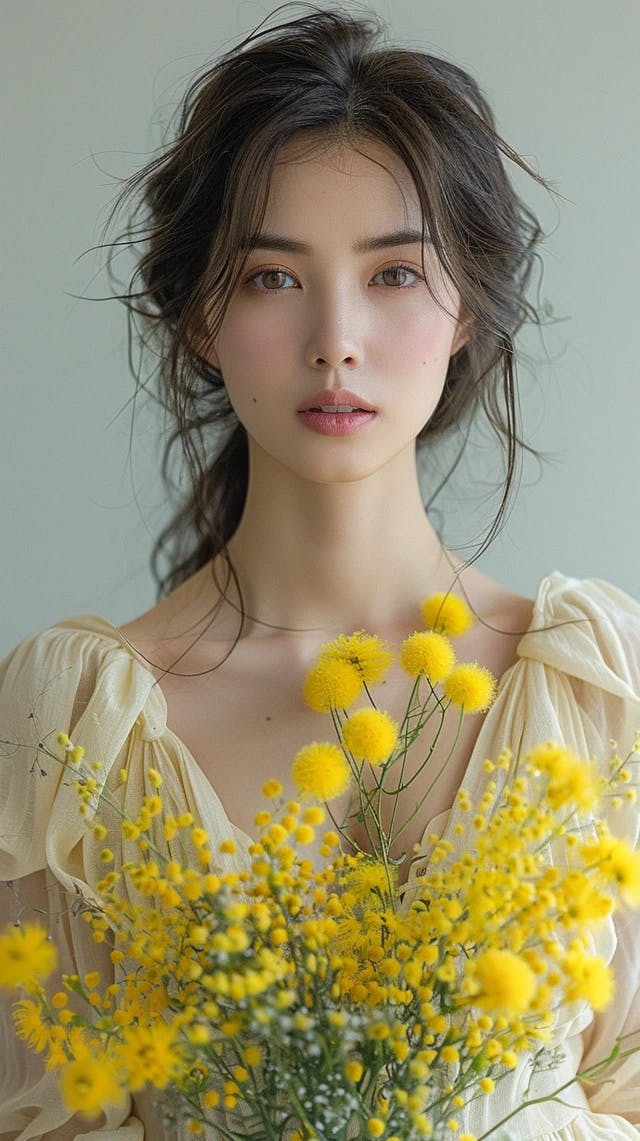 A photograph of a 30-something Asian woman, medium-length black hair, wearing a casual pastel-colored dress, holding a bouquet of bright yellow mimosa flowers, standing in a minimalist room with white walls and a single large window allowing soft natural light to fill the space, her expression joyful and content. Created Using: DSLR camera, soft-focus lens, natural light, minimalistic style, subtle shadow play, pastel color palette, hd quality, natural look --ar 9:16 --v 6.0 --stylize 850