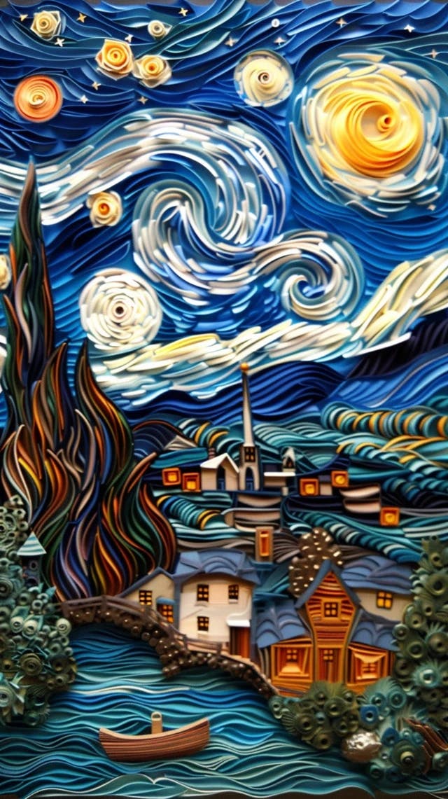 paper art,illustration, multi dimensional paper quilling , mobile wallpaper,ancient chinese painting,A village under the stars, Town, cottage, Vincent Van Gogh, --v 6.0 --ar 9:16 --c 9 --s 269