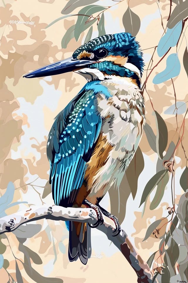 kingfisher on branch | stock vector, in the style of ben quilty, magali villeneuve, realistic hyper-detail, light blue and dark beige, australian landscapes, blink-and-you-miss-it detail, david nordahl --ar 2:3 --s 50