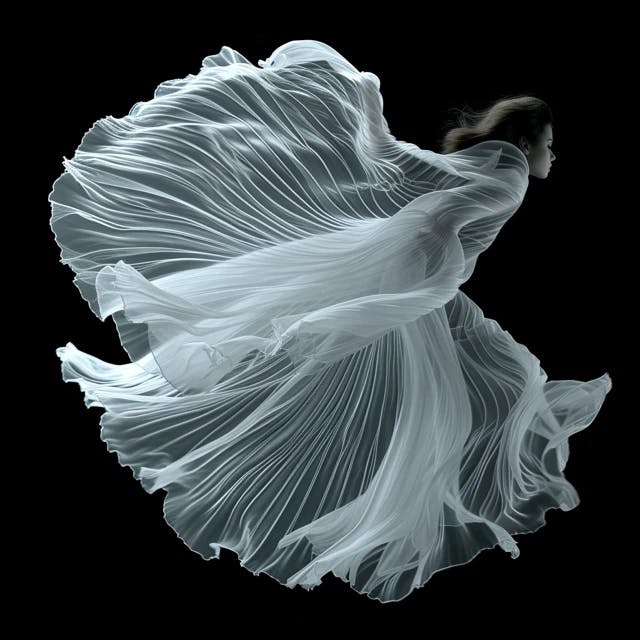 Fashion Photography of a woman wearing a Dress taht Looks like two betta fish circling and dancing in love, white on black background --ar 1:1 --quality 0.5 --stylize 250 --v 6.0