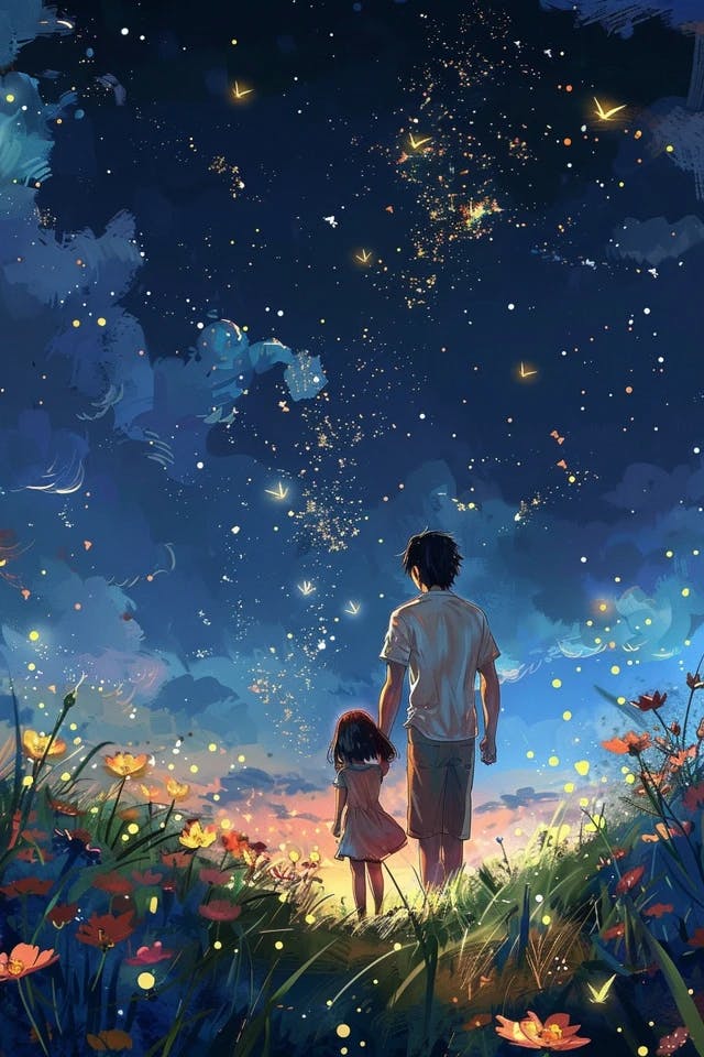 Illustration style, Hayao Miyazaki, young father holding young daughter, back figure, walking on the grassland under the starry sky, fireflies dancing, flowers blooming, night, Medium Close-Up(MCU) --ar 2:3