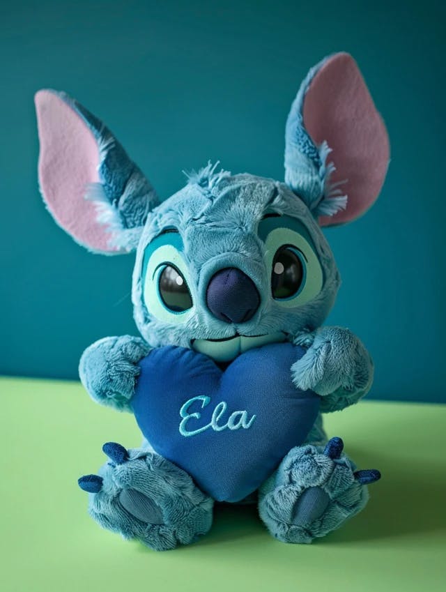 A Valentine's Day photo of a plush toy of Stitch holding a blue heart with the message "Ela" on it. The background is green. Candid moments captured, aesthetic style, 8k resolution --v 6.0 --ar 3:4