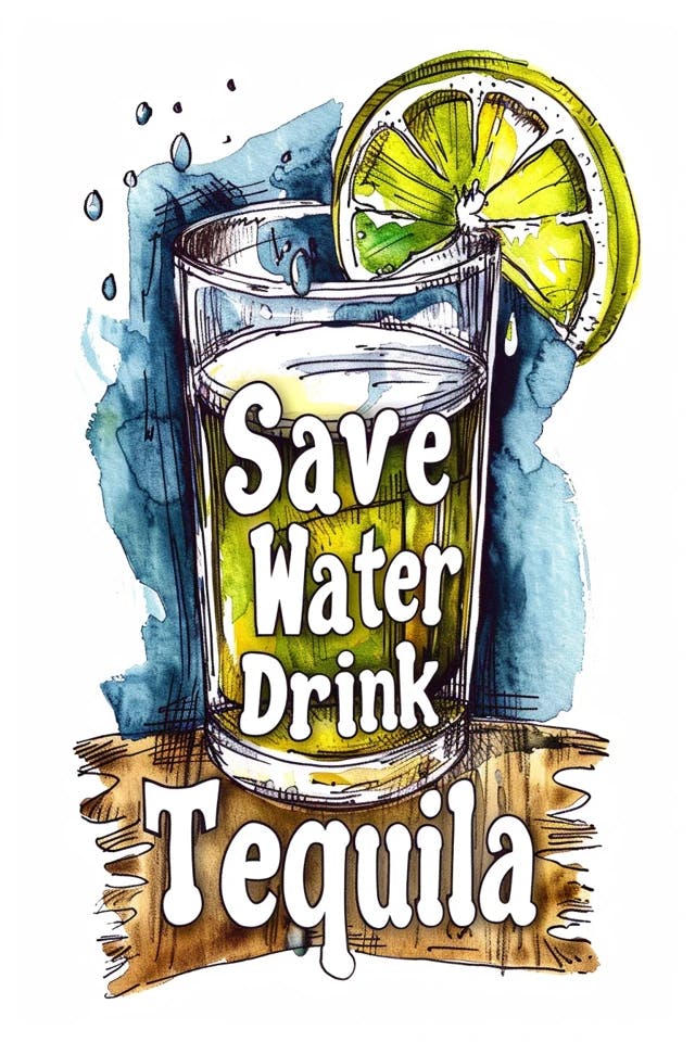 the words "Save Water Drink Tequila" written around a rustic drawing of a shot glass of tequila,image centered on a white background with fluid edges --ar 2:3 --v 6.0