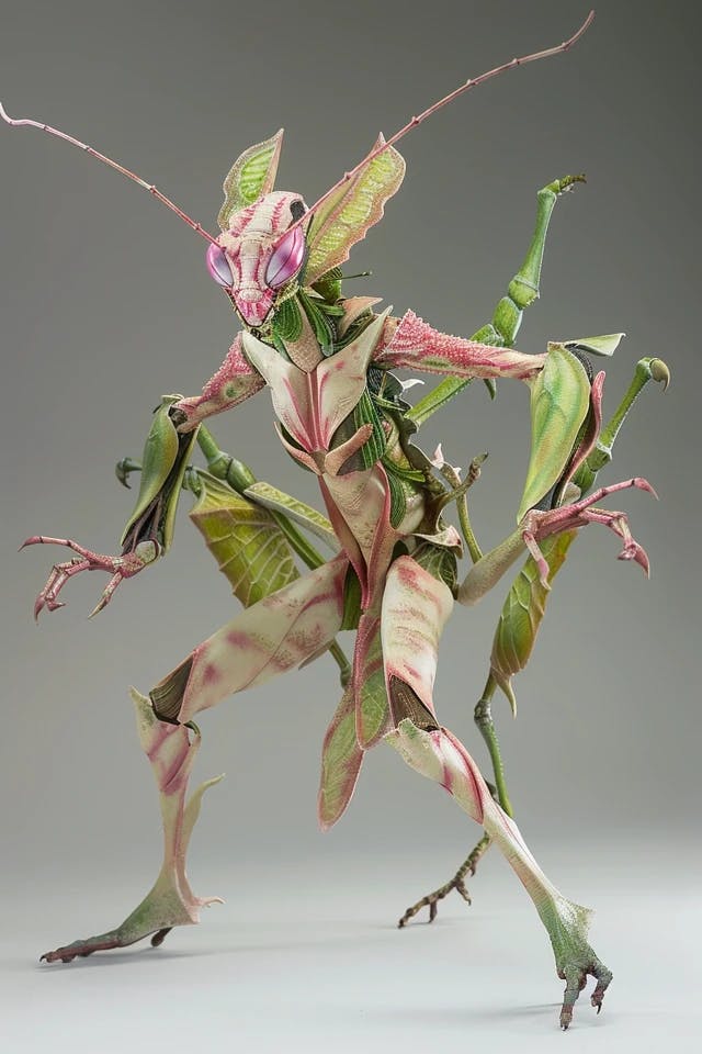 shot from the front, full body portrait, mantis humanoid mutant female, it's upperbody is an orchid mantis and the lowerbody is human female, static pose arms out by the side at 45 degrees, T-pose --ar 2:3 --v 6.0