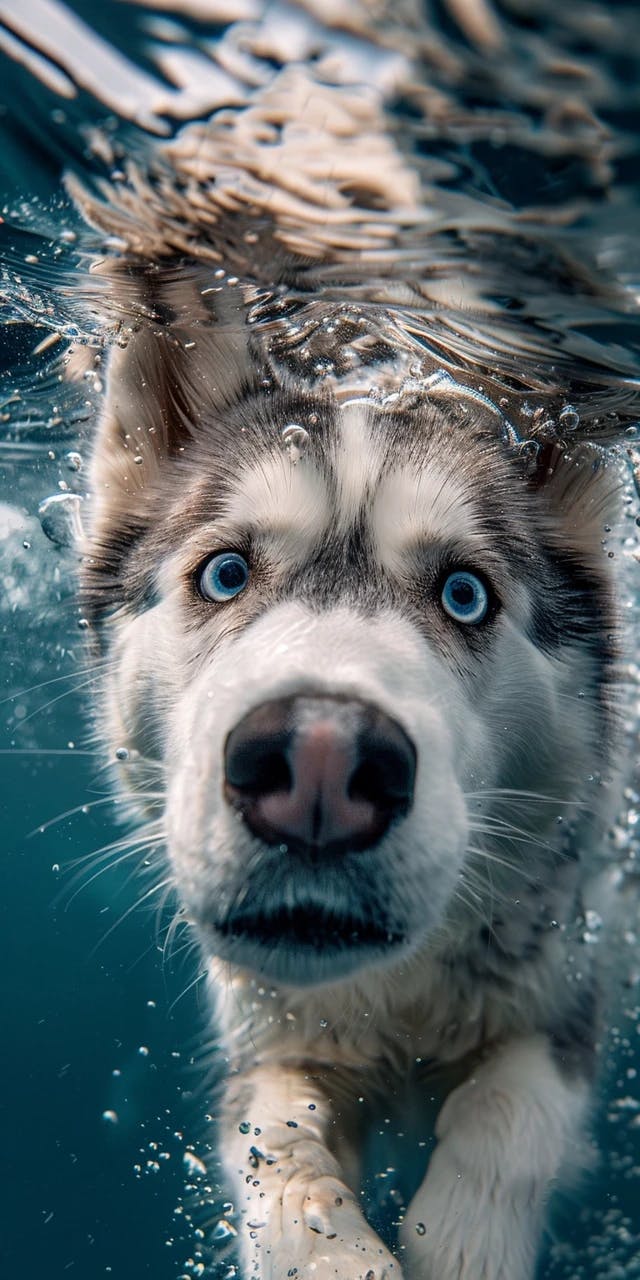 A cute Grey and white Siberian Husky swimming in the water, blue and white color, underwater shot,the whole body is centered, Full-length lens,strong lighting effects, Super detailed,look-up,Perfect composition,8k --v 6.0 --s 250 --style raw --ar 1:2